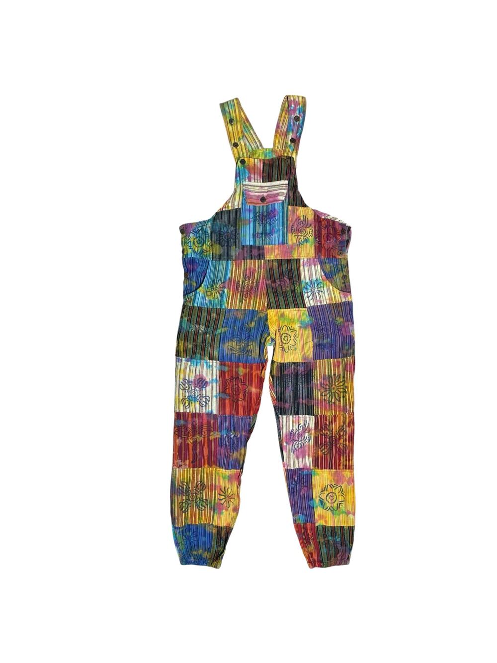 RISING INTERNATIONAL Vintage Boho Rainbow Patchwork Cotton Overalls Size S